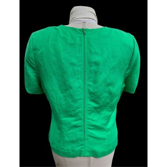 Kelly Green Linen Blend V-Neck Sht Slv Top by Halmode Petites Vintage Sz. 12 - Picture 3 of 10